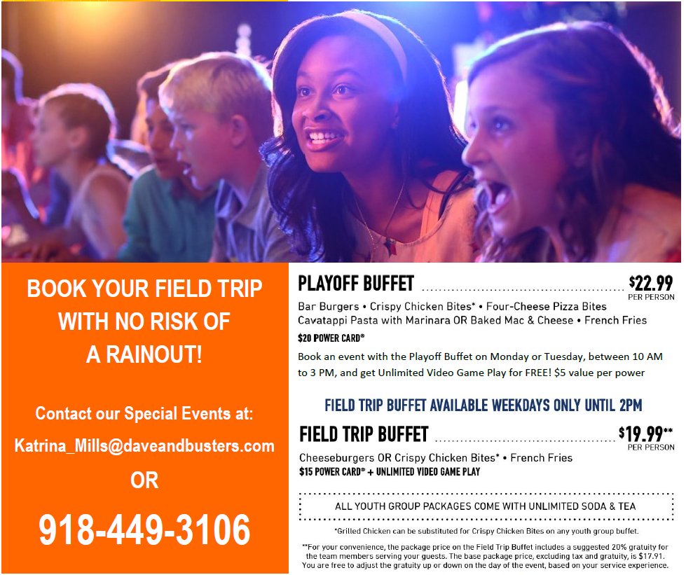 DNBTulsa's tweet photo. Want a truly amazing summer outing?Contact Katrina Mills at 918-449-3106 or Katrina_Mills@daveandbusters.com for details! #fieldtrip #summer https://t.co/i9lQQGTtd4