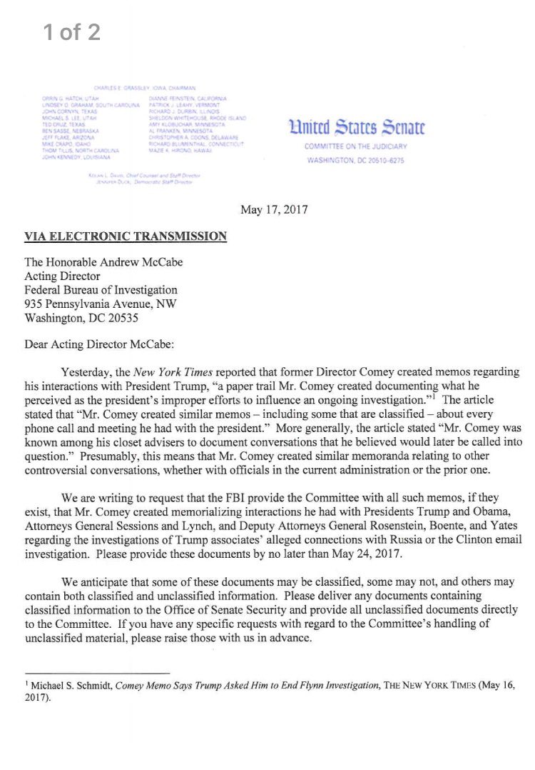 Senate Judiciary Committee requests all Comey memos related to Pres. Trump *and* Pres. Obama, as wel DAC2dXeXkAA3HCK