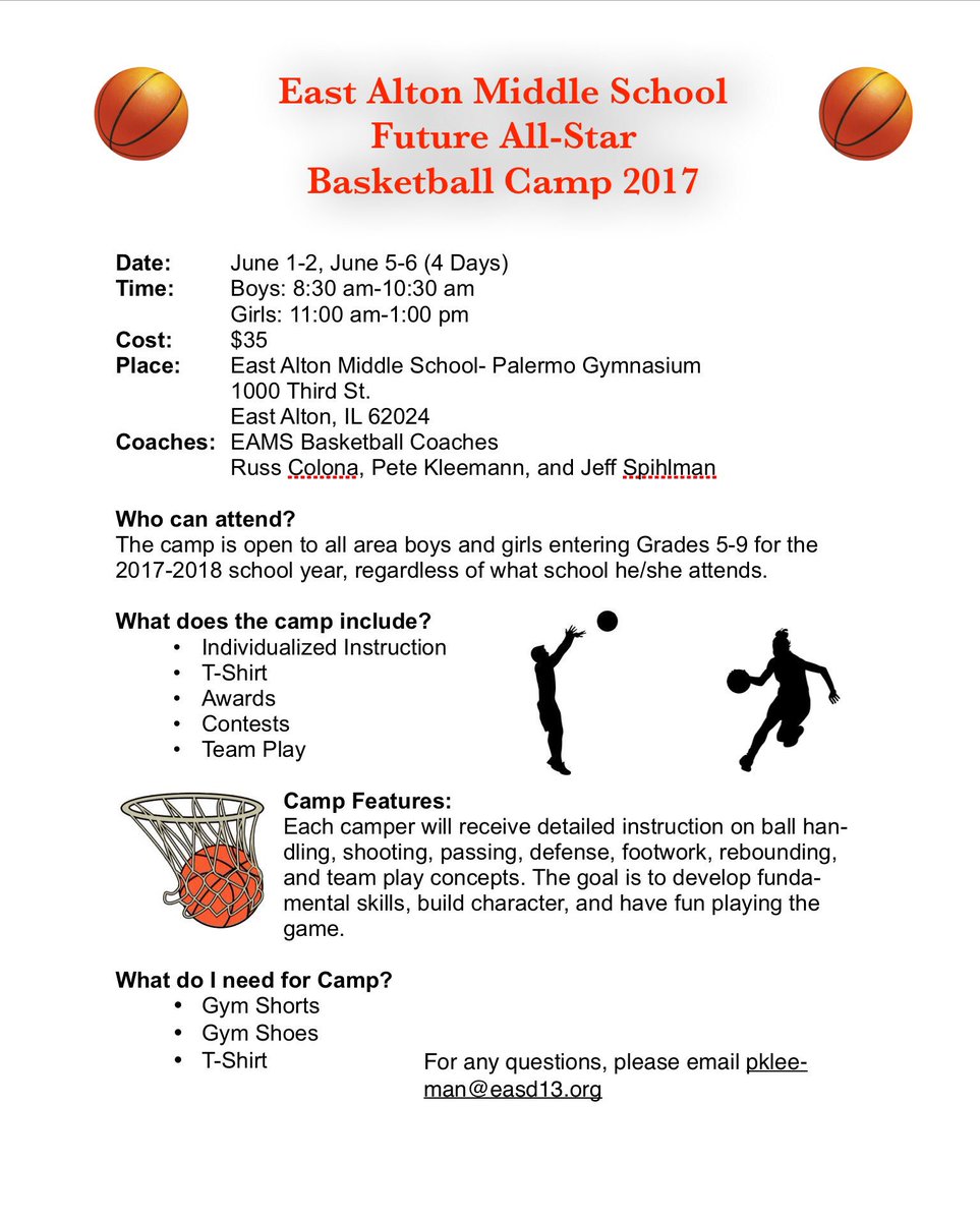 eams6th's tweet photo. EAMS Basketball Camp
June 1-2 &amp; 5-6 for 4th-8th grades
Boys 8:30-10:30am
Girls 11am-1pm
Info below! @13easd https://t.co/9cijZxJS6D