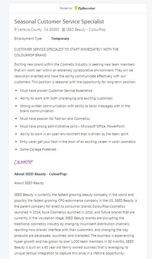 CI_Comm_Program's tweet image. Interested in working for ColourPop? Check out this opportunity! Apply via this link: ziprecruiter.com/job/b149b5cb 💄👄