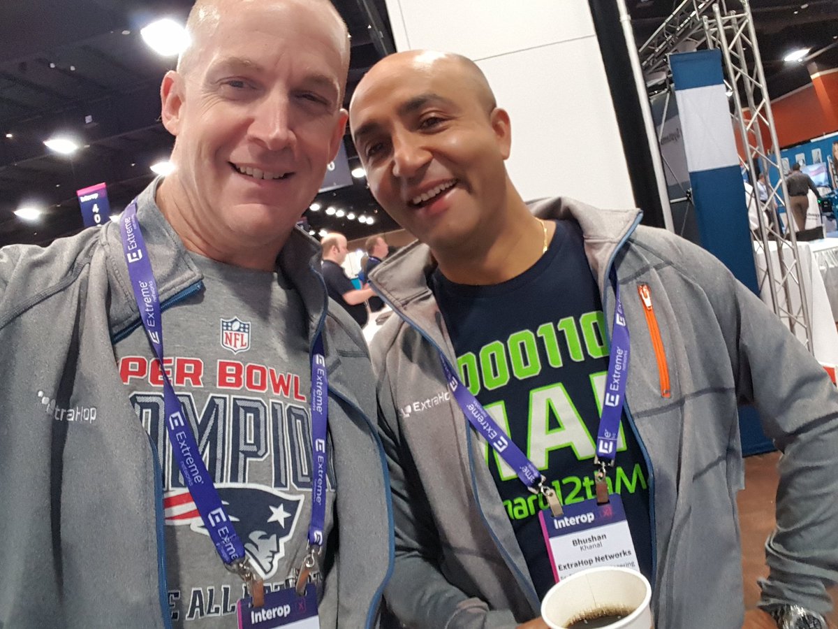 DanielIGreer's tweet photo. Battle of the T-shirts at Interop!  @ExtraHop #GoPats https://t.co/n0UIfEgk84