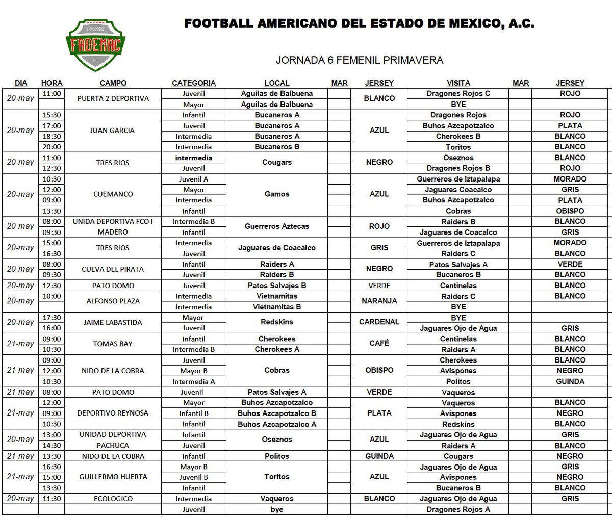 LigaFademac's tweet photo. Programación semana 6 

FEMENIL FLAG 2017 https://t.co/lTHAEQKWlV
