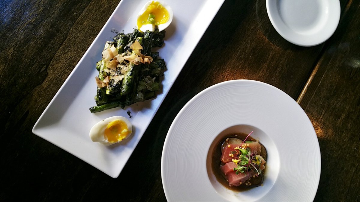 Blackened asparagus with onsen egg &amp; albacore truffle are perfect compliments to a chilly day. Add a cup of tea and you're set!