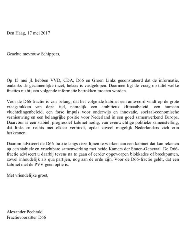Zojuist heeft <a href="/APechtold/">Alexander Pechtold</a> gesproken met informateur Schippers. Deze brief nam hij mee ⬇️
#formatie