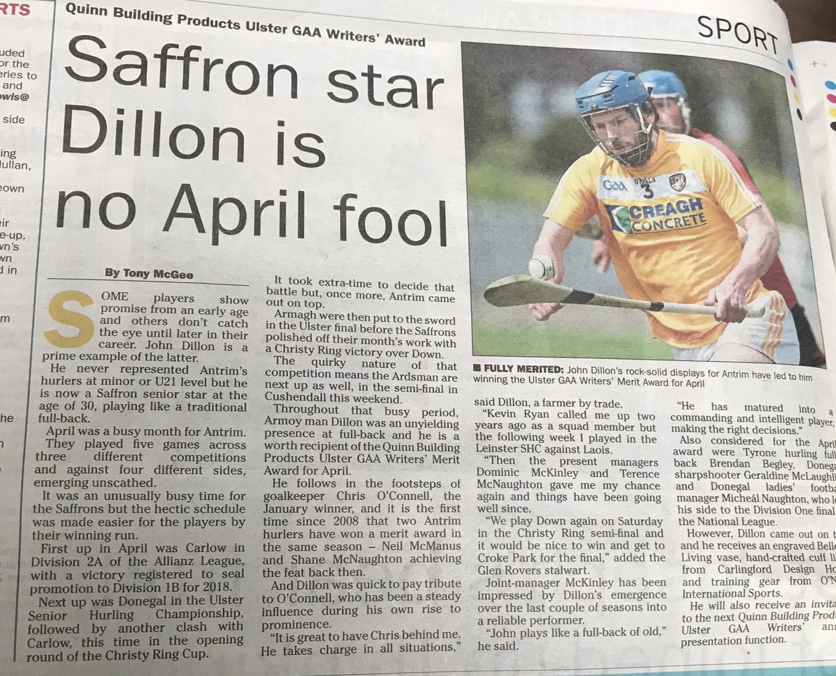 Congratulations John Dillon -  a worth  recipient of the Quinn Building Products Ulster GAA Writers merit award for April <a href="/ulstergaawriter/">Ulster GAA Writers</a>