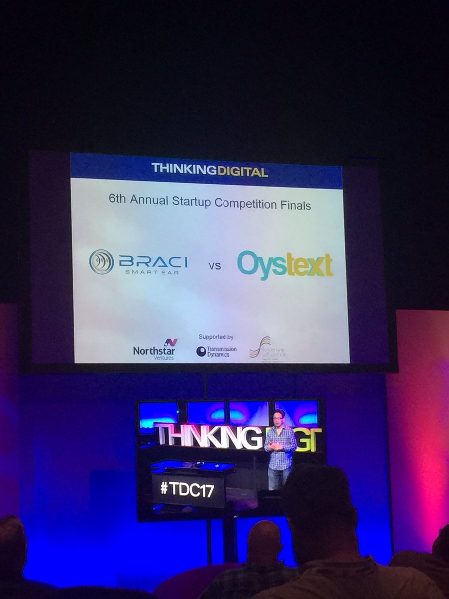 Mincoffs's tweet photo. Ready for the #startupcompetition @ThinkingDigital with @BraciInc vs @oystext Good look guys! #TDC17 https://t.co/74lrJenJnf