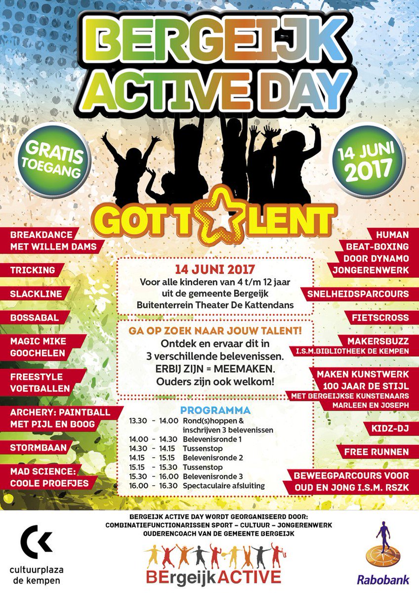 Woensdag 14 juni Bergeijk Active Day Got Talent! Dat wordt breakdancen, freerunnen, muziek maken.. <a href="/SportBergeijk/">SportcoachBergeijk</a> bit.ly/2pTMEaj