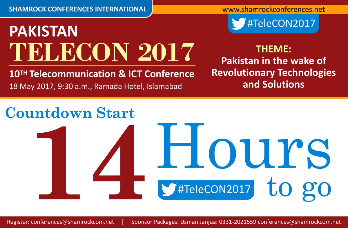 shamrockforums's tweet photo. The 10th TeleCON 2017 countdown Start
#14HoursTOgo #TeleCON #Pakisatn #18thMay2017 #shamrockforums
#SHAMROCKConferencesInternational. https://t.co/NGrj2WcIO4