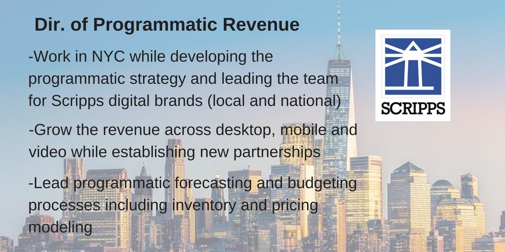 EWScrippsJobs's tweet photo. A big responsibility in the biggest city - #nycopportunity Direct #programmatic revenue strategy for @EWScrippsCo https://t.co/oGxKBimB80 https://t.co/2YPcSIkEXR