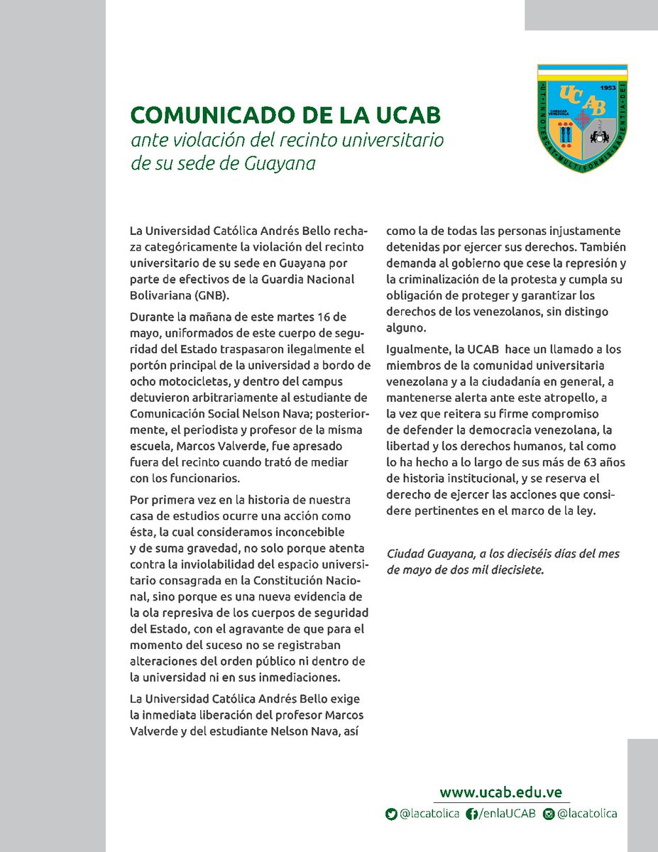UcabGuayana's tweet photo. #ComunicadoUcab Llamamos a estar alertas ante atropellos mientras reiteramos el compromiso de defender la democracia https://t.co/QrPfVB9oEL https://t.co/gy675bfyEE