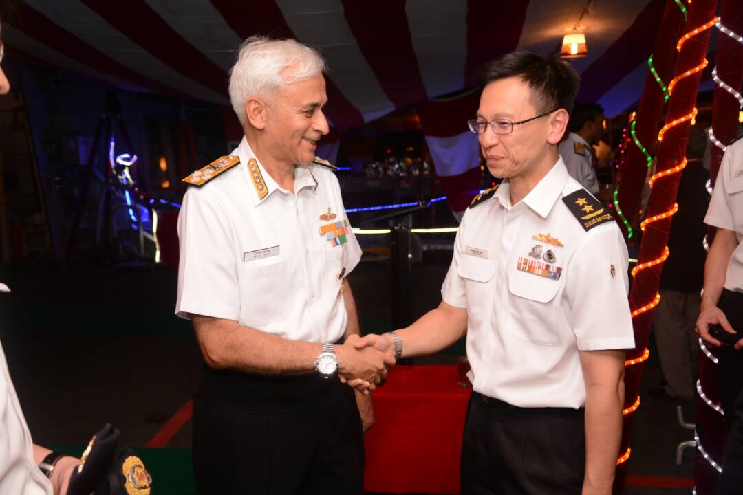 indiannavy's tweet photo. #BridgesofFriendship #RSN50 #IMR Adm S Lanba CNS hosts RAdm Lai Chung Han & other dignitaries onboard Sahyadri & Kamorta 4 evening Reception https://t.co/TGXya0IaMY