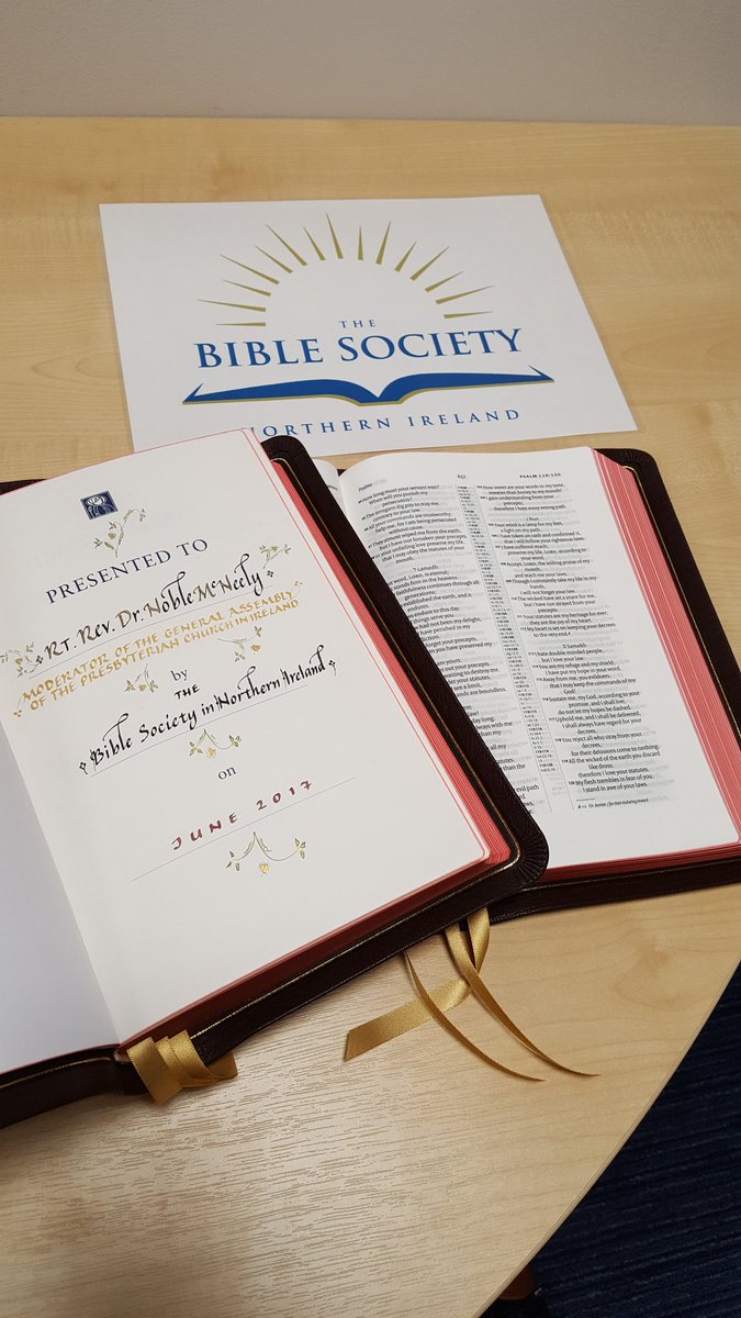 CatNav81's tweet photo. Just collected the newly inscribed Bible for the new Moderator of @pciassembly in time for General Assembly @BibleSocietyNI #Bestbooktoread https://t.co/QKS9zpiSTW