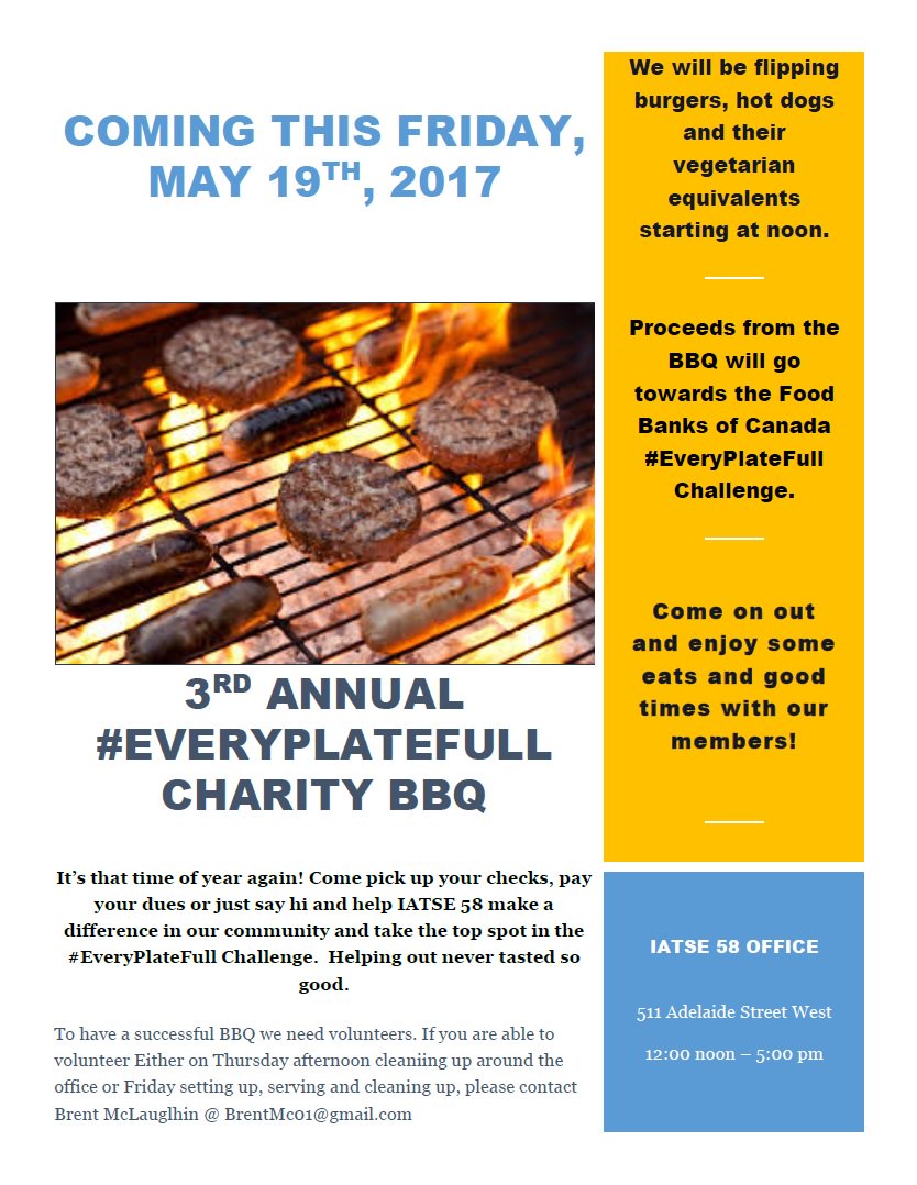 Local58Prez's tweet photo. Come one, come all to our BBQ in support of #everyplatefull @iatse58 office Friday Noon-5pm! https://t.co/uNUrWRWC7Y