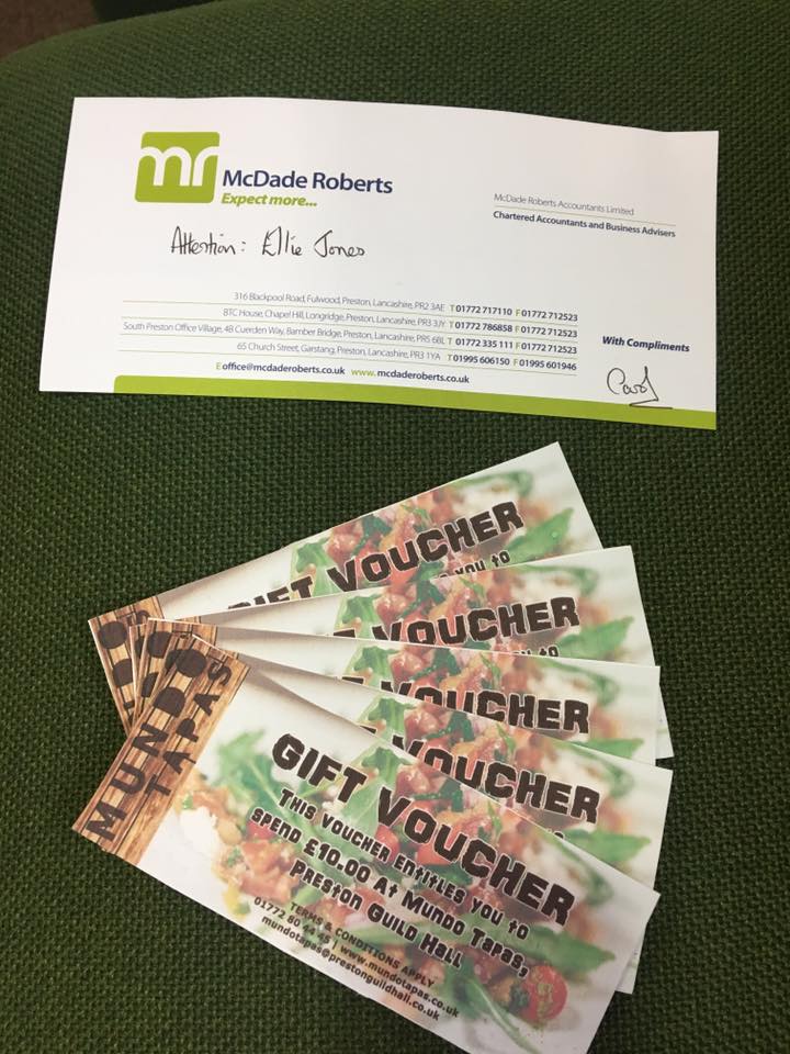 HBGAdvisory's tweet photo. Just received my @Mundo_Tapas vouchers courtesy of Carol at @McDadeRoberts!! I won their raffle at the #LBE2017 at @prestguildhall #chuffed🙊 https://t.co/IwkA5DnPXm