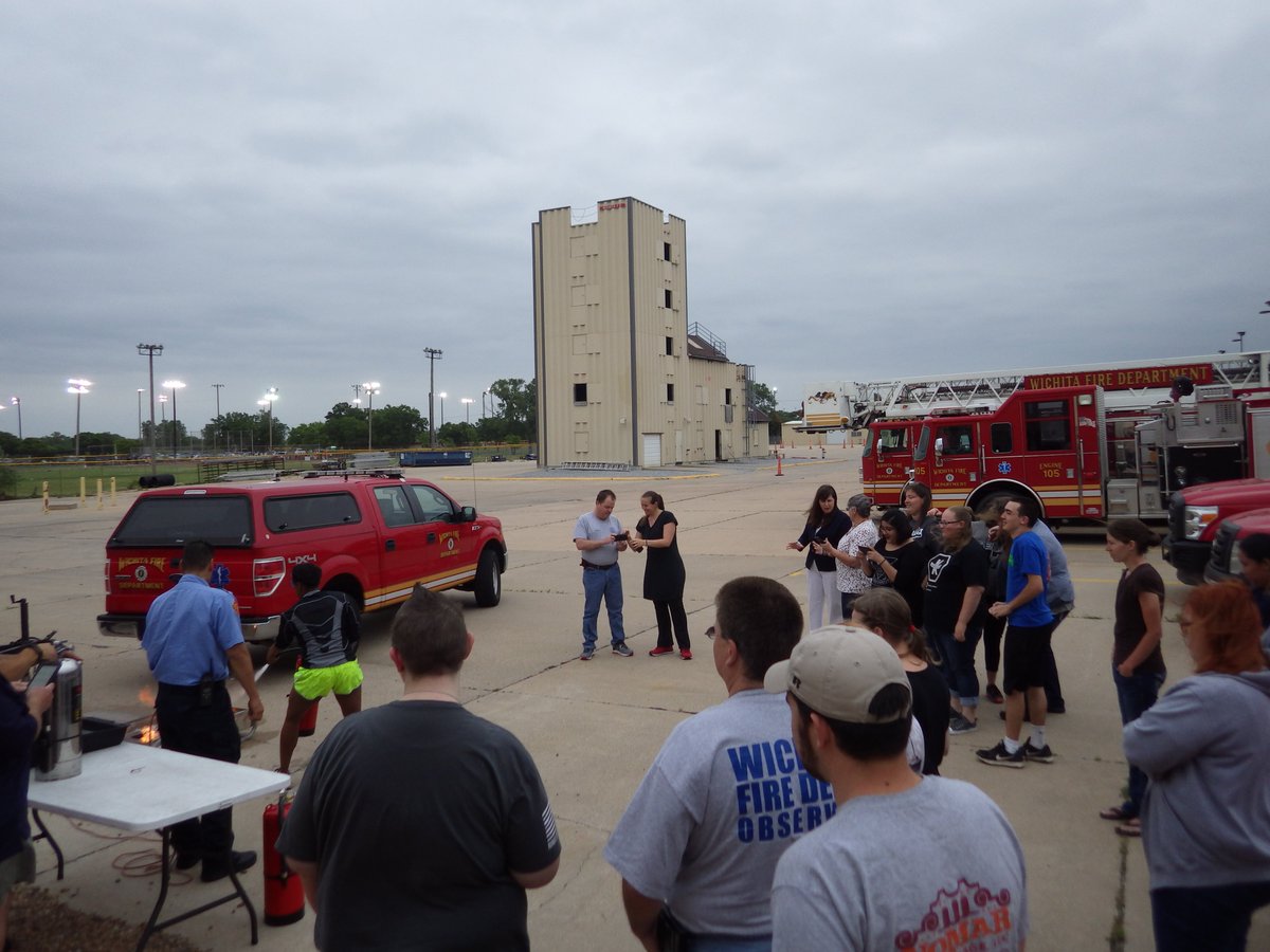 WichitaFireDept's tweet photo. CFA day 7. #fireextingusher hands-on and home #firesafety. Surprise visit from #firechief Blackwell @rdblac4600 https://t.co/ny5ZikVHyC