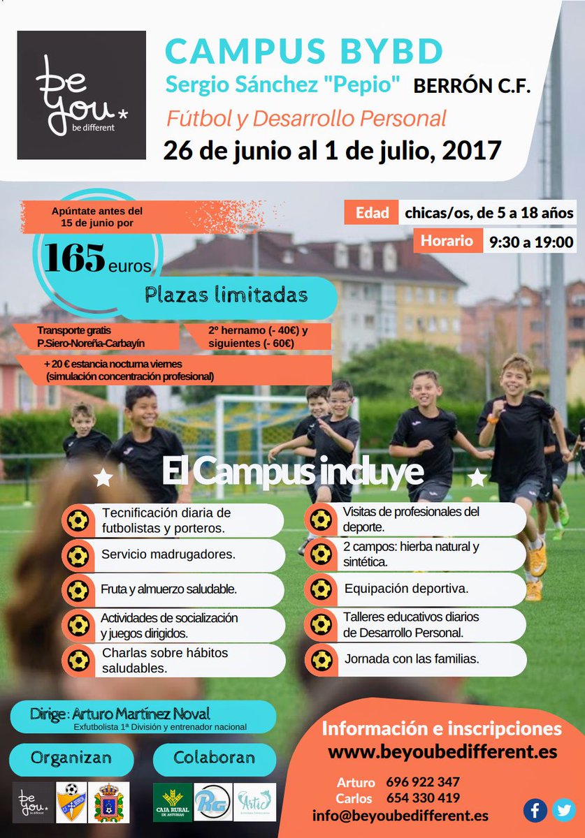 El curso acaba y llegan los #Campus BYBD de #Fútbol con #DesarrolloPersonal. Tres semanas entre El Berrón y Gijón 
beyoubedifferent.es