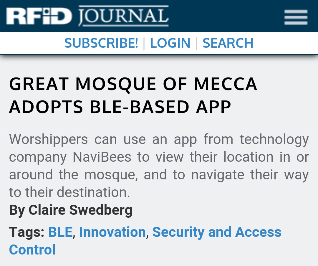 WadiMakkahSA's tweet photo. "GREAT MOSQUE OF MECCA ADOPTS BLE-BASED APP" 
an article about @navibees on RFID Journal
https://t.co/lk6Kj5QERe https://t.co/QeW6xTyyN8