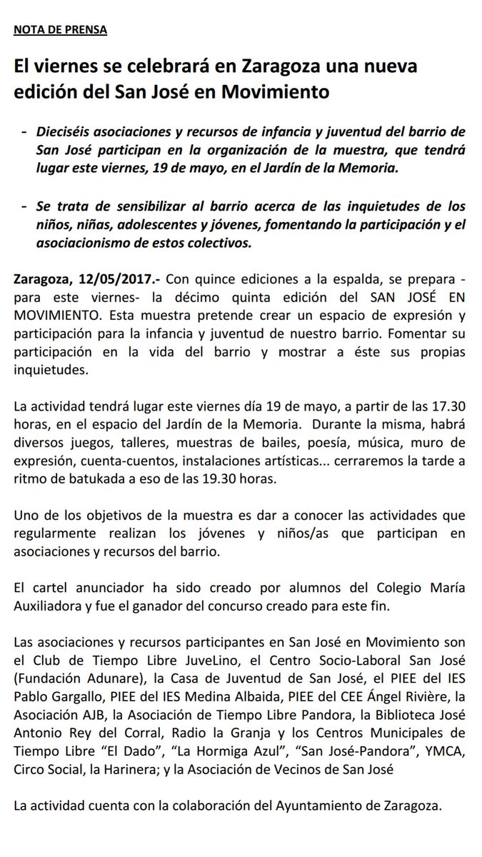 avvsj's tweet photo. [NOTA DE PRENSA] El viernes se celebrará en #Zaragoza una nueva edición del San José en Movimiento https://t.co/8Oe8HH17ea