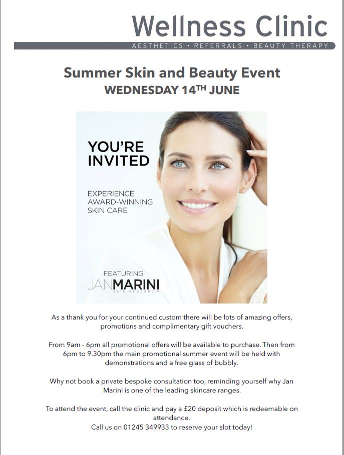 Summer Skin and Beauty Event. Complimentary gift vouchers, facial treatments and big offers.  Call to reserve your slot today 01245349933