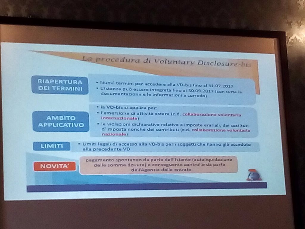 MEF_GOV's tweet photo. @robertobasso @PCPadoan @sosesocial @SogeiUffStampa @Agenzia_Entrate @PPBaretta @paola_demicheli @GDF @fpagani @Felici_Fra Polito @agenzia_entrate offre con slide flash su #voluntarydisclosure e #voluntarybis come occasione da non perdere per #fiscoascolta https://t.co/Uc5lJJaISd