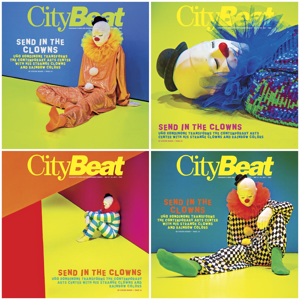 CityBeatCincy's tweet photo. Ugo Rondinone's 45 clown sculptures at @CincyCAC are so psychedelic, we couldn't pick just one for our cover. Find all four, on stands now. https://t.co/EHD54IiEO4