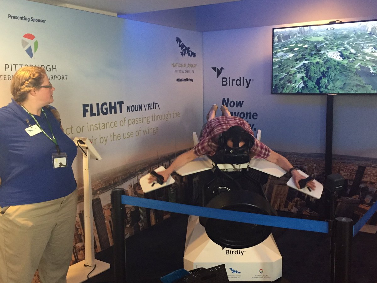 PITairport's tweet photo. Passengers flying from PIT May 22-25 can ride @National_Aviary virtual reality exhibit Birdly! #anyonecanfly https://t.co/pMmxVUc6fD