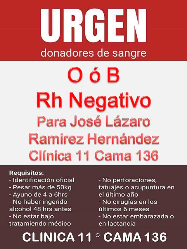 alcalorpolitico's tweet photo. #ComparteLector Solicita donadores de sangre para paciente internado en la Clínica 11 del IMSS https://t.co/LAFSaaWOIL