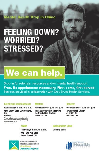 cmhagb's tweet photo. NEW Free Mental Health drop in clinics in Grey Bruce @TownofHanover @CityOwenSound @GreyBruceHealth @SouthWestLHIN @MeafordMinute https://t.co/WTb7DxjmQu