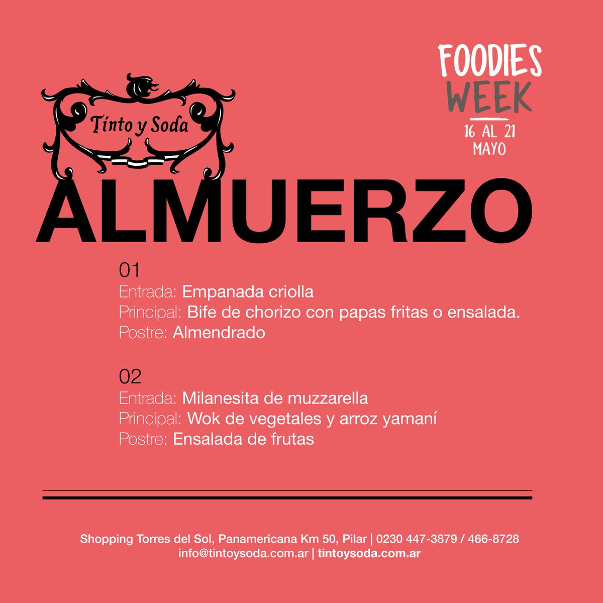Foodies Week en Tinto y Soda!!! Almuerzo $200 de martes a viernes. Sábado y Domingo: bebidas no incluídas./ Cena $350 #FoodiesWeek