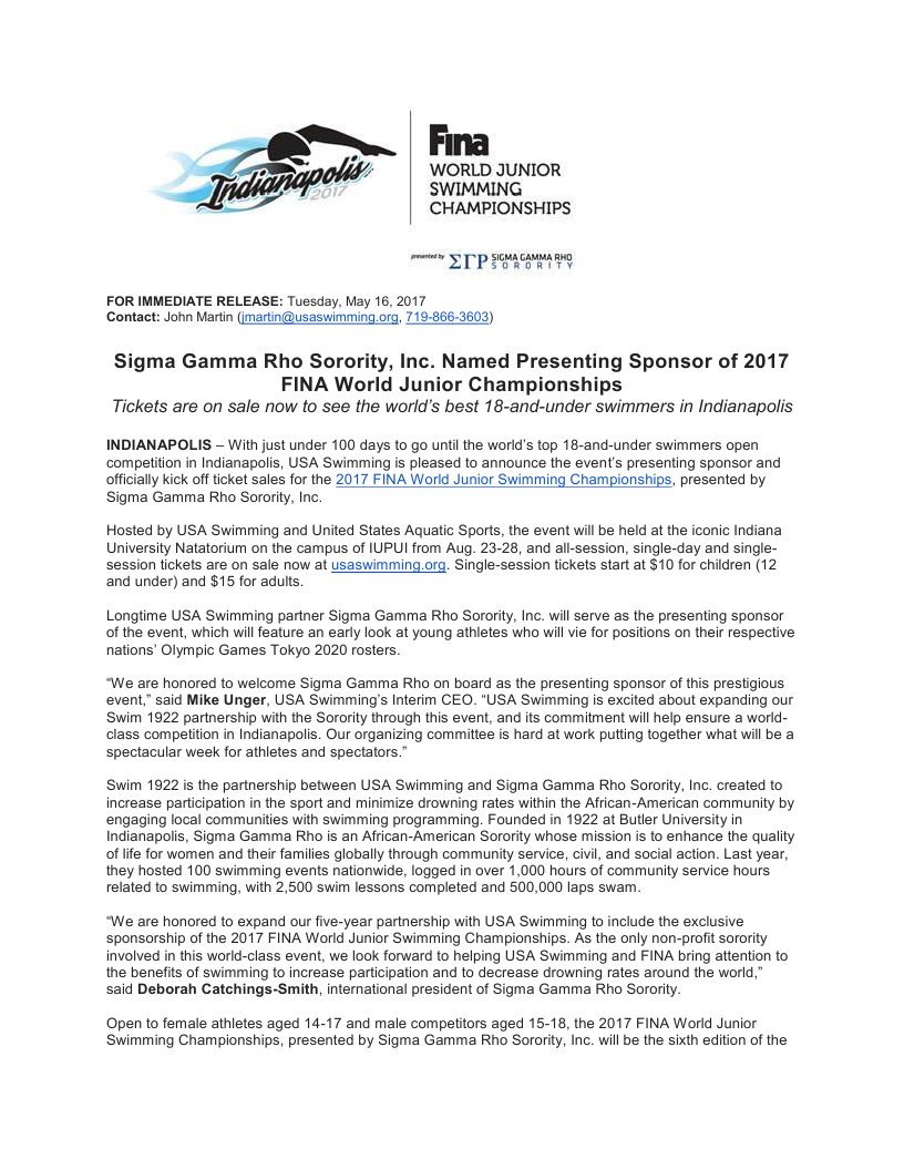 SGRho's tweet photo. partnership w @USASwimming cont. 2 grow.  #SGRho proud 2 b presenting sponsor of 2017 FINA World Junior Championships!   #FINAWorldJrsIndy https://t.co/8RrBqUN9jn
