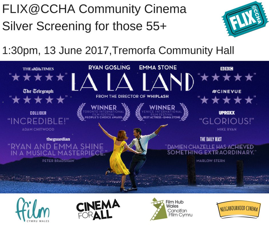 CCHACorporate's tweet photo. Our community cinema Flix is returning next month, with a screening of La La Land in Tremorfa Hall - FREE entrance! #cinema #community https://t.co/tq3ufNPsY8