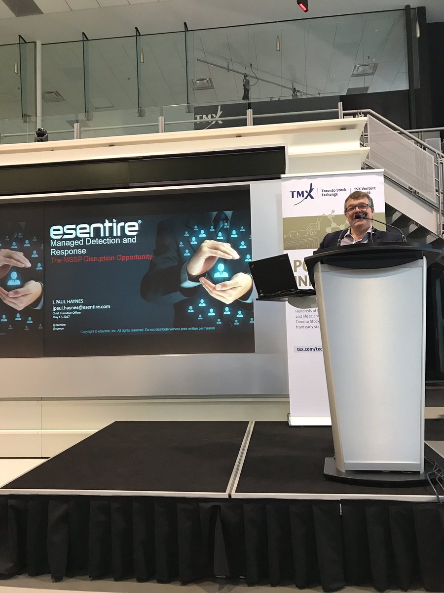 tsx_tsxv's tweet photo. The CEO of @eSentire discussing cyber security and solutions they provide #TSXTechDay https://t.co/Rj9oE3z2Gy