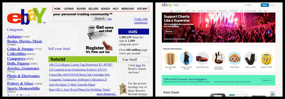 ChromaSites's tweet photo. Check out this early Ebay home page along side today's. Wow! But design is not everything. Have they also improved customer experience? https://t.co/6ypZ2FoGg2