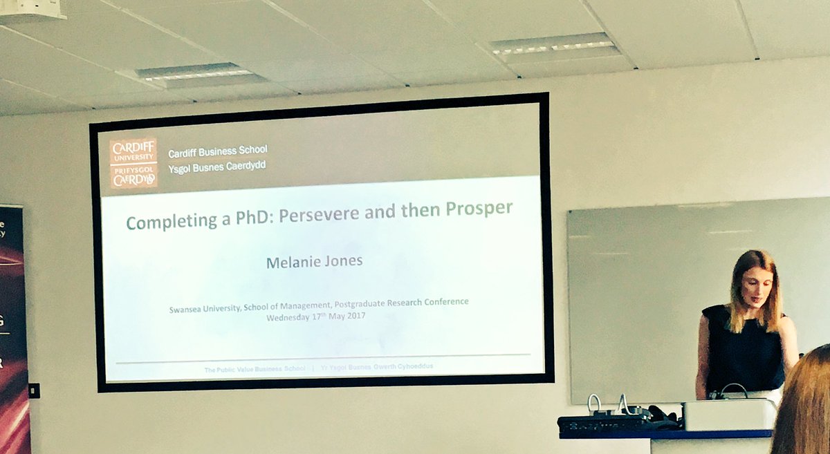rachelle_barlow's tweet photo. Prof Melanie Jones @cardiffbusiness on PhDs: pick 1 question &amp; answer it well. Persevere. Keep writing. #SoMPGR https://t.co/YPEn5dy7mL
