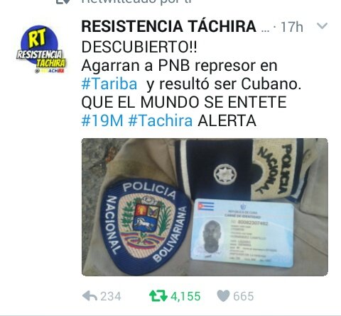 RETachira's tweet photo. ESTO ES GRAVE!?
Así como este Cubano ¿cuantos GNB PNB y Policías están infiltrados asesinando y reprimiendo a venezolanos? @Almagro_OEA2015 https://t.co/ZbhiA1GzDv