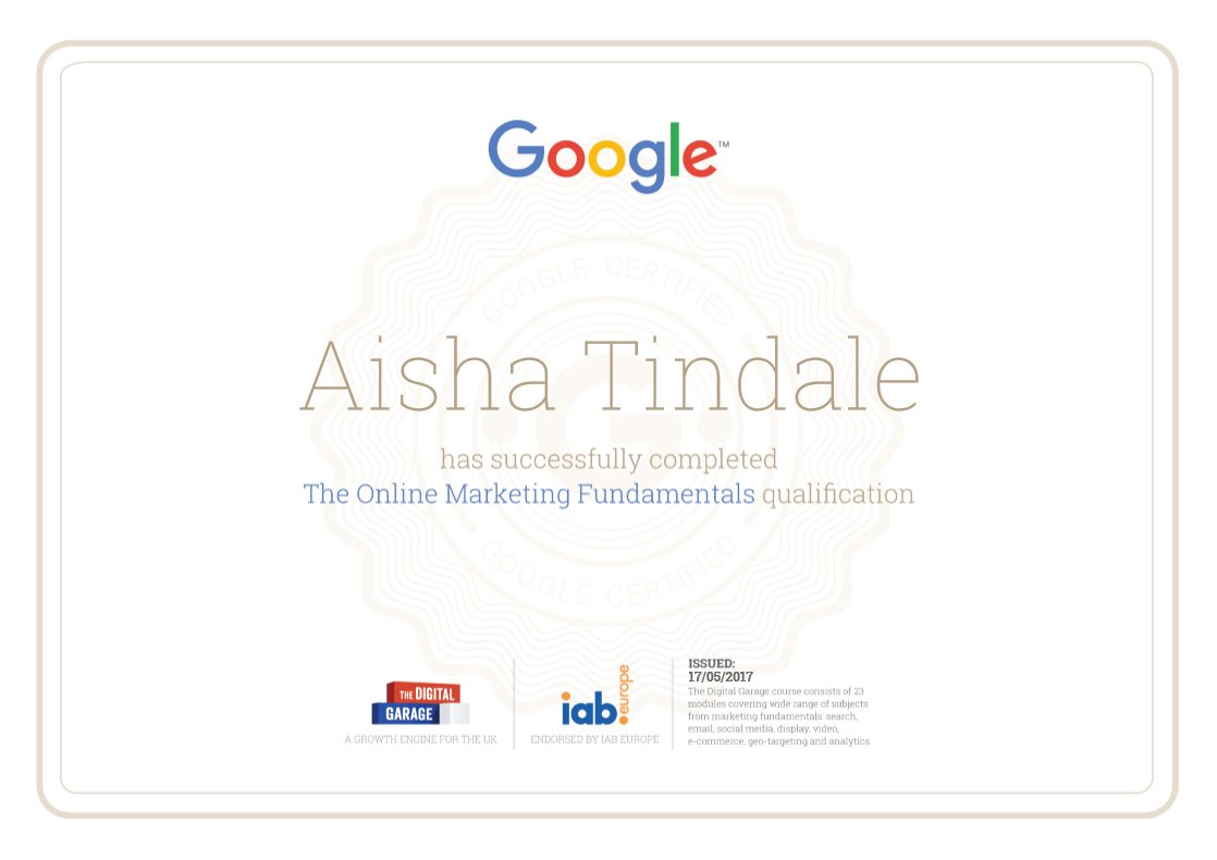 aishatindale's tweet image. Literally over the moon! Passed the fundamentals qualification!🙈🎉 @ThinkwithGoogle @Google #DigitalGarage #marketingfundementals