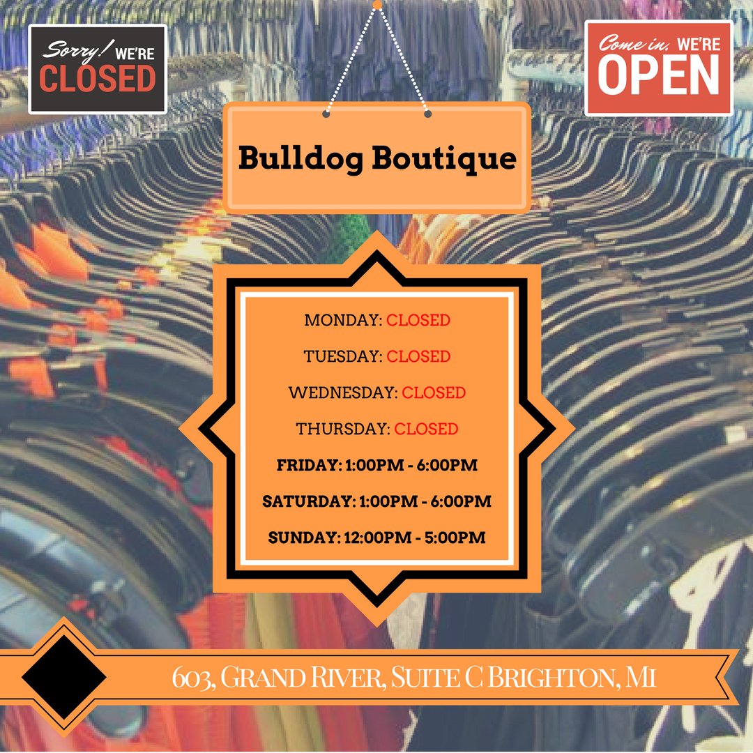 BDBoutiqueMI's tweet photo. Bulldog Boutique has new store times! Mark your calendar today for your next stop in! #brightnmi #bulldogboutique #BHS #livingston https://t.co/d6LnkYzrtk