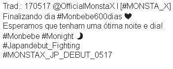 MonbebeBrasil_'s tweet photo. @OfficialMonstaX Trad.: 170517 @OfficialMonstaX l [#MONSTA_X] Finalizando dia #Monbebe600dias ❤️
#Monbebe #Monight 🌙 https://t.co/EGN1xh8Jz1