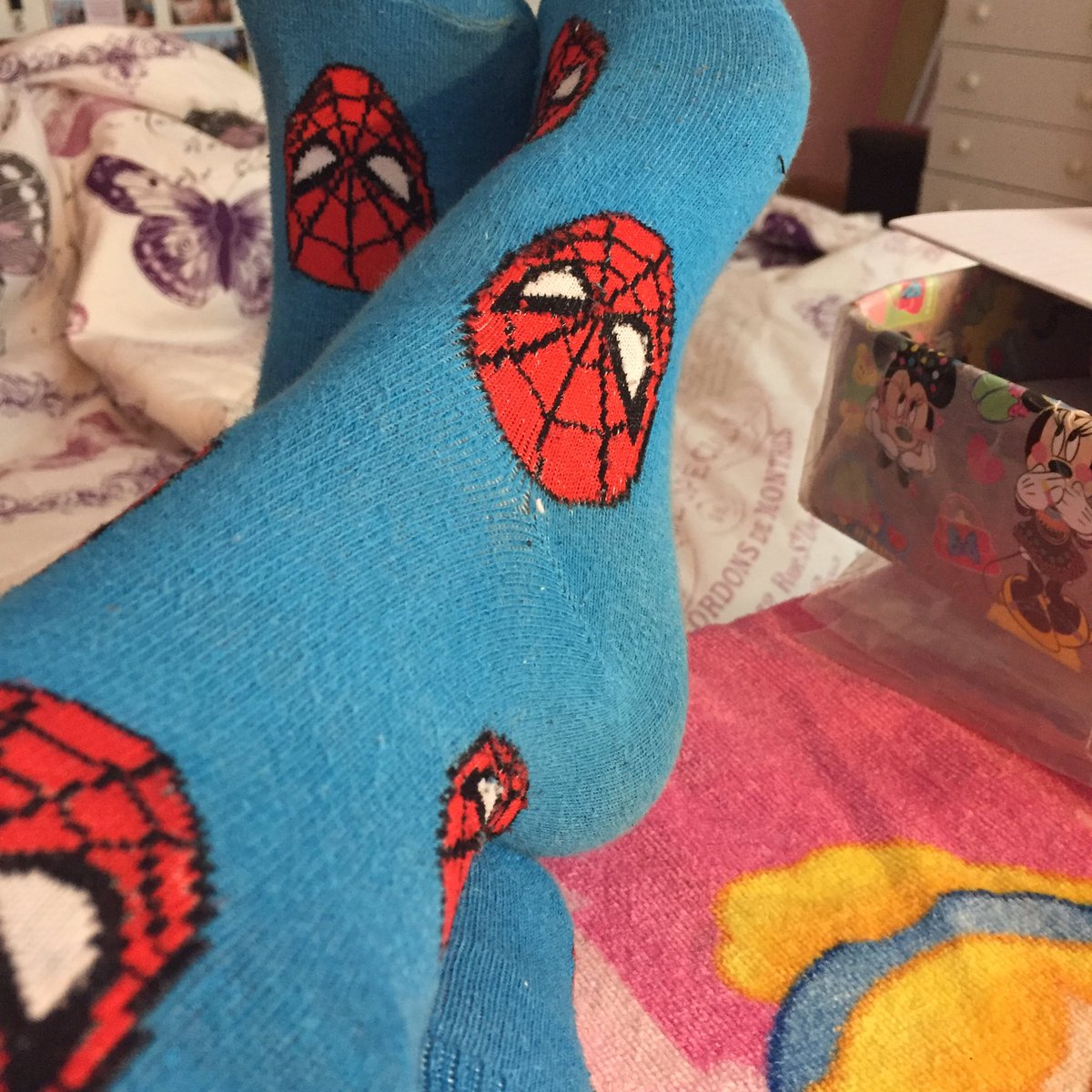DisneyMish's tweet photo. Wearing spidey socks and I immediately think of @mattyB231 😋 can't wait to see you 🙆🏻🌸💕 miss you xx https://t.co/YQuFP4EjRc
