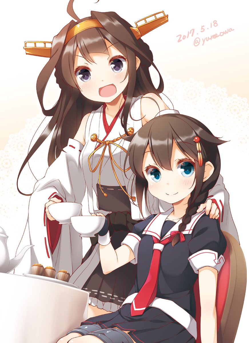 kongou (kancolle) ,shigure (kancolle) multiple girls 2girls brown hair ahoge school uniform braid long hair  illustration images
