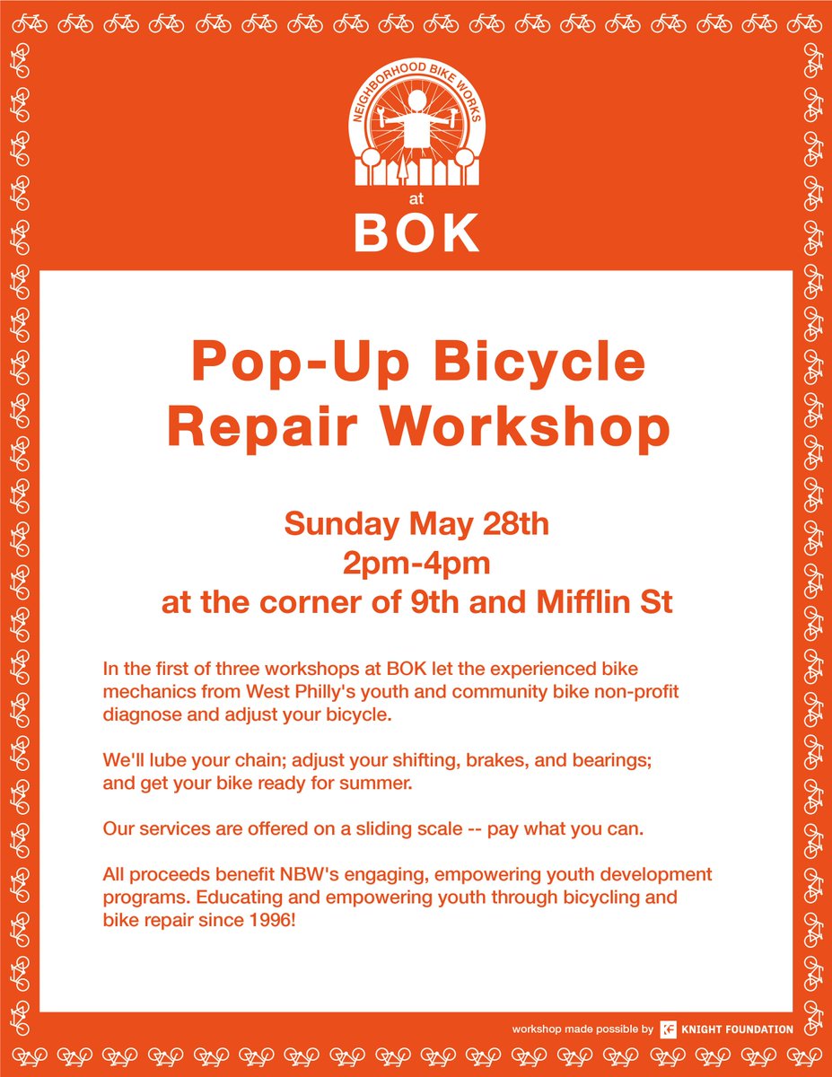 Get back into summer biking with a <a href="/NeighBikeWorks/">NeighbrhoodBikeWorks</a> tune up! On 5/28 we're hosting a pop-up repair clinic, so come on by to 9th and Mifflin