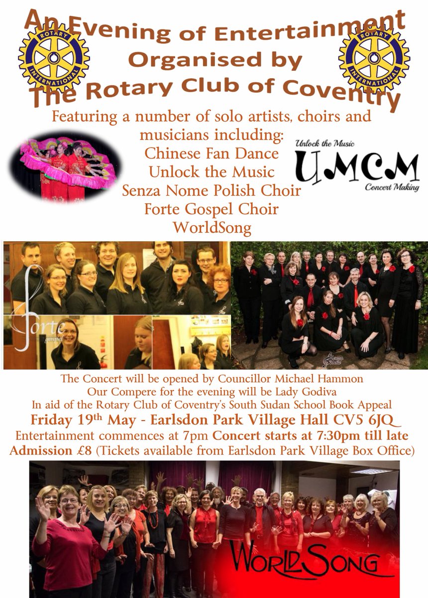 Rotary_Coventry's tweet photo. Concert at Earlsdon Park this Friday with #UNCM @fortecov @WorldSongChoir #SenzeNome and more only £8 https://t.co/DTXQCYokin