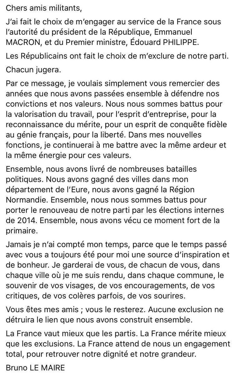 Bruno Le Maire (@brunolemaire) on Twitter photo .<a href="/lesRepublicains/">les Républicains</a> ont fait le choix de m'exclure de notre parti.
Ma réaction : facebook.com/blm27/posts/15… .<a href="/lesRepublicains/">les Républicains</a> ont fait le choix de m'exclure de notre parti.
Ma réaction : facebook.com/blm27/posts/15…
