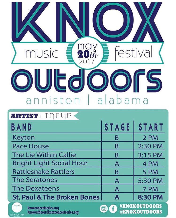 SET TIMES!!  Knox Outdoors Music Festival. Saturday!!