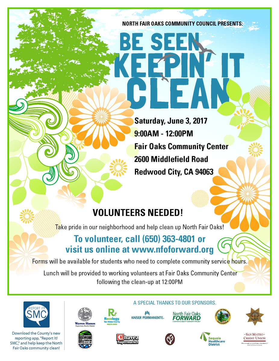 Join me on 6/3 for our 5th #NorthFairOaks Clean Up Day! #neighborhood
<a href="/RecologySMC/">RecologySanMateoCo</a> @SMCU <a href="/SequoiaHD/">Sequoia Healthcare</a> <a href="/KPnorcal/">KPNorthernCal</a> <a href="/RedwoodCity/">City of Redwood City</a> <a href="/MelindaDubroff/">Mel Dubroff</a>