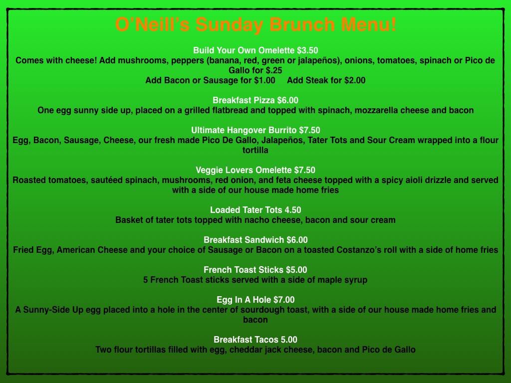 ONeillsStadiumI's tweet photo. Join us this Sunday for O'Neills Brunch! Bottomless Mimosas, $5 Bloody Mary's and check out our new brunch menu! 🍳🍾🍊 https://t.co/Awbi7DjFHn