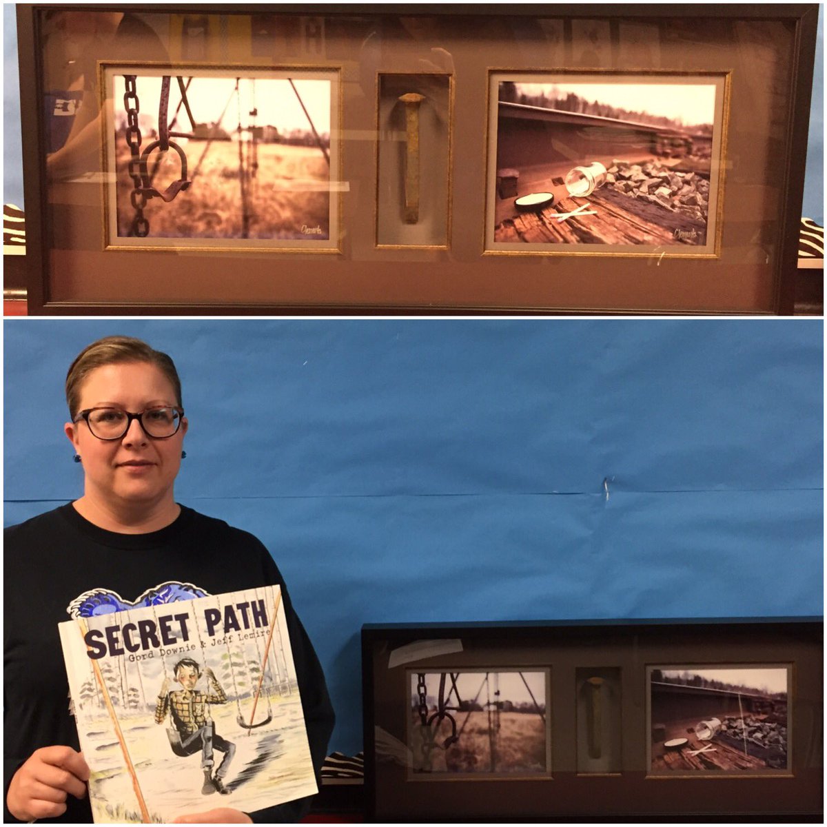 MrsMievresClass's tweet photo. Our teacher librarian @mtrann9 won this AMAZING art piece in an auction for @courageforgord! Our middle years kids are in awe. #SecretPath https://t.co/rV6WcDl32B