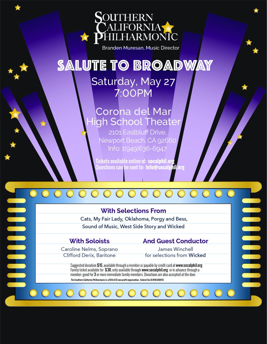 SoCalPhilOrch's tweet photo. Our next concert is a Tribute to Broadway! Come see us perform with some fabulous vocalists on May 27 at 7 pm at CDM High School! https://t.co/b8A1G6QyHX