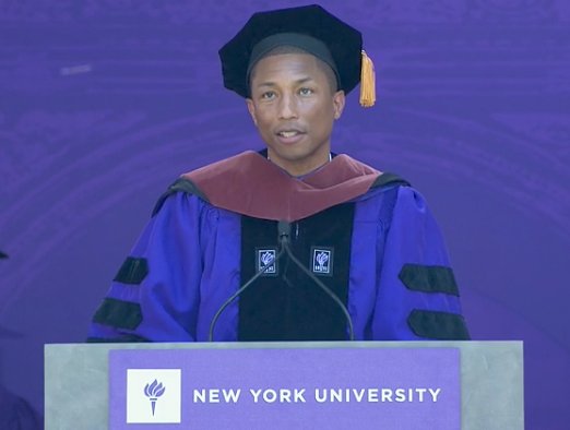 nyuniversity's tweet photo. .@Pharrell to #NYU2017—"Somebody in this class might occupy the White House one day. Not red, and not blue, but maybe purple. Like NYU." https://t.co/zpH0tc2758