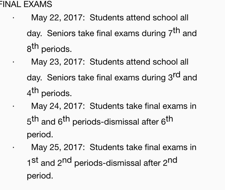 Here is the schedule for final exams next week: